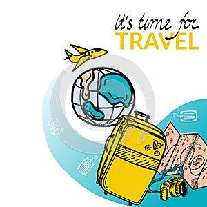 Time to travel. Motivational headline. Travel banner with cartoon suitcase, map, luggage tags and camera. Flying