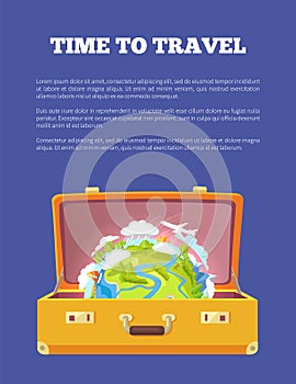 Time to Travel Poster with Open Suitcase and Globe