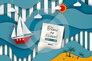 Time to travel. Sailboat in the stylized sea. Paper art