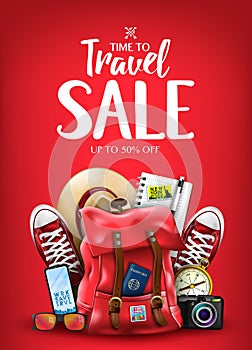 Time To Travel Sale Poster for Advertisement with Travelling 3D Realistic Items