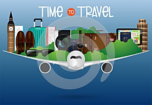 Time To Travel Sale Poster for Advertisement with Travelling 3D Realistic Items Such as, Camera, Sunglasses, Passport, Compass,