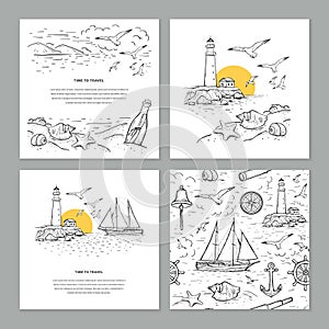 Time to travel sketch vector set illustrations. Seamless marine pattern and templates with vector sailboat,lighthouse, bottle,