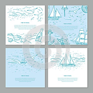 Time to travel sketch vector set templates in blue and white colors. Marine sketch with vector sailboat, yacht, bottle, seagulls,