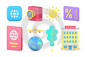 Time to travel summer vacation global exploration flying adventure set 3d icon realistic vector