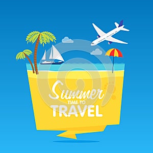 Time to travel, summer vacation, Vector flat background and objects illustrations badges tamplate