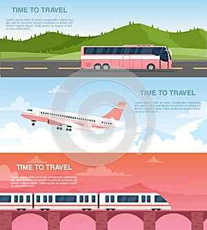 Time to travel web banner vector templates set. Tourist agency advertisement designs pack. Airway, railway and road