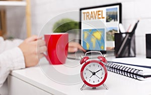 Time To Travel. Woman Reading Touristic Blog On Laptop Computer In Office