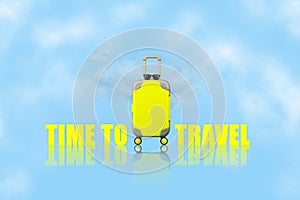 Time to travel. Yellow suitcase in wheels, sunglasses. On a clouds background. Trips.