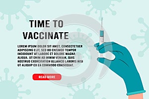 Time to vaccinate banner. Doctor hands wearing rubber glove with syringe and needle, medical flu shot vaccine for the