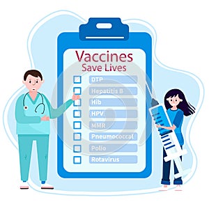 Time to vaccinate. Check list with vaccines, as Hepatitis, Rotavirus, HIB, etc. Nurse stay with syringe, ready to make photo