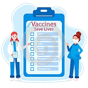 Time to vaccinate. Check list with vaccines, as Polio, DTP, Hepatitis B, HPV, MMR, HIB,etc. Doctor show vaccines save photo