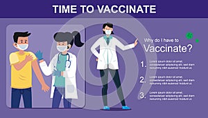 Time to Vaccinate. Corona Virus  Covid-19 vaccination awareness concept. Flat style illustration.