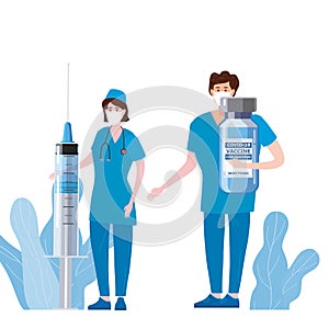 Time To Vaccination for immunity health, doctor and nurse, syringe and bottle, vaccine of of flu. Healthcare