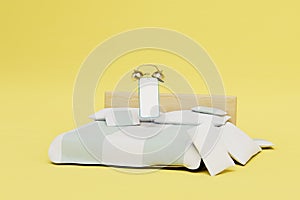 time to wake up. a bed with pillows on which a smartphone with an alarm clock on a yellow background. 3D render