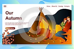 Time together concept. Autumn camping landing page vector.