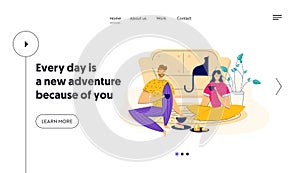 Time Together Concept with Happy Couple Eating Breakfast Landing Page. Man and Woman Having Lunch at Home