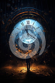 time travel concept. Blue glowing clock face in the dark sky. Man silhouette walking alone.