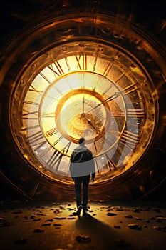 time travel concept. Golden glowing hues. Man silhouette. Clock face.