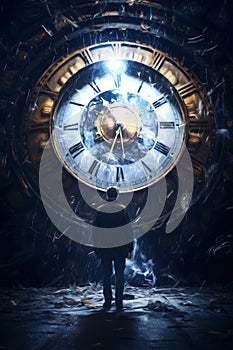 time travel concept. man looking a at a fantasy clock face.
