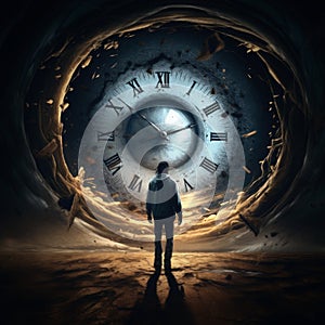 time travel concept. Man silhouette walking a dirt path at night. Glowing clock face.