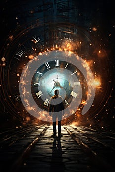 time travel concept. Universe and man silhouette. Clock face glowing in the sky.