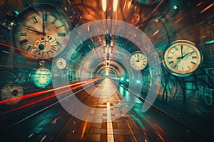 Time travel traffic is captured in hyperspace tunnel lined with clocks surreal visual manner
