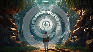 A time traveler standing in front of a time portal. Generative AI