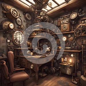 A time-traveler steampunk house filled with gears, gadgets, and anachronistic decor
