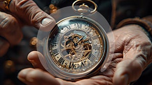 Time travelers hands setting a vintage pocket watch