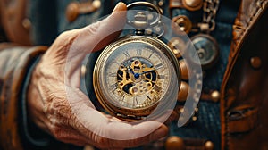 Time travelers hands setting a vintage pocket watch