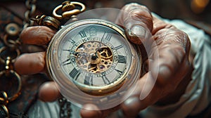 Time travelers hands setting a vintage pocket watch