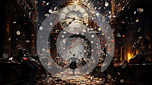 Time-traveling New Year's party temporal decorations, past, present, and future revelers, historical celebration photo