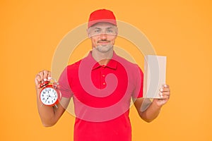 Time is value. Delivered to your destination. Service delivery. Courier and delivery. Postman delivery worker. Handsome