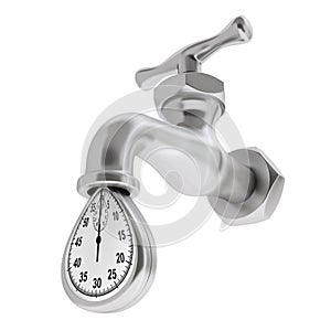 Time Waste Concept. Water Tap with Falling Drop of Stopwatch. 3d Rendering