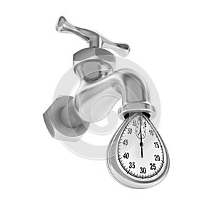 Time Waste Concept. Water Tap with Falling Drop of Stopwatch. 3d Rendering