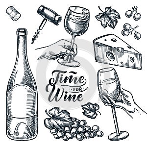 Time for wine vector hand drawn sketch illustration. Human hand holding wine glass. Doodle vintage design elements set