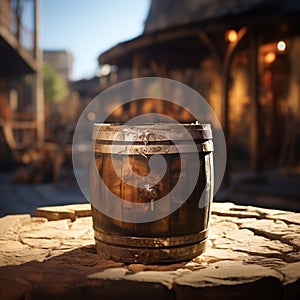Time worn barrel, with a blurred past in the background