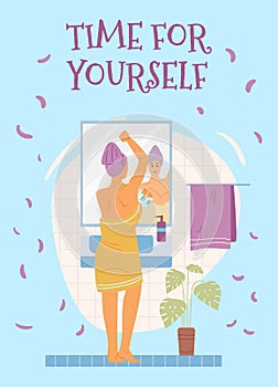 Time for yourself banner with woman in bathroom, flat vector illustration.