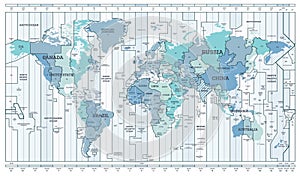 Time Zone Blue Map. Detailed World Map with Countries Names photo