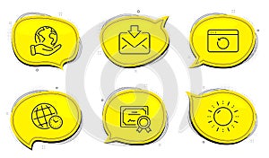 Time zone, Incoming mail and Sun energy icons set. Recovery internet sign. Vector