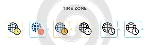 Time zone vector icon in 6 different modern styles. Black, two colored time zone icons designed in filled, outline, line and