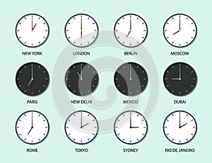 Time zones with clocks. World watch icons. Different timezones. Set of international wall clocks. Global time for london, new york