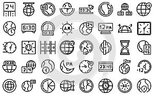 Time zones icons set outline vector. Clock hour