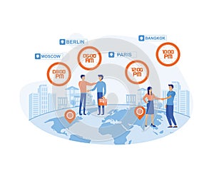 Time zones in world. Clocks showing local timezone. International time and date.