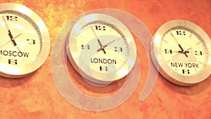 Time ZonesClock showing passing time in different time zones around the world.