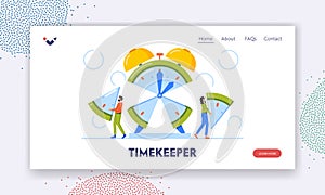 Timekeeper Landing Page Template. Time Management and Project Task Allocation Concept. Characters Dividing Clock Face photo