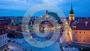 Timelapse of aerial view of Castle Square of Old Town during blue hour, Warsaw, Poland