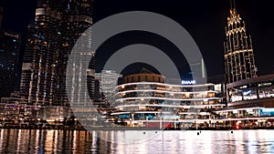 Timelapse of the Burj Khalifa fountains at night in Dubai.