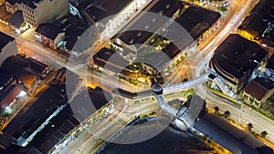 Timelapse busy night time road traffic of Komtar Pedestrian Flyover