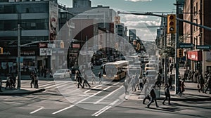 A timelapse of a busy street corner cars and pedestrians rushing by created with Generative AI